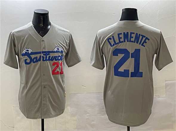 Men%27s Santurce Crabbers #21 Roberto Clemente Gray Cool Base Stitched Jersey